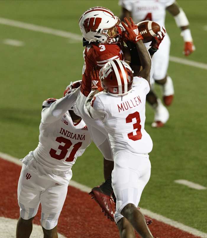 Indiana defensive backs Tiawan Mullen (3) and Bryant Fitzgerald (31) break up the pass intended for Wisconsin's Kendric Pryor. (Jeff Hanisch-USA TODAY Sports)